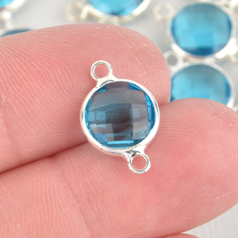 1 Round Circle Silver Connector Link Charm, Faceted AQUAMARINE BLUE glass, 16x10mm, March birthstone, chs1958