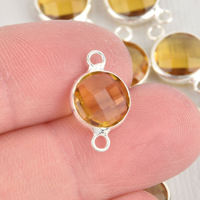 1 Round Circle Silver Plated Connector Link Charm, Faceted LIGHT CITRINE TOPAZ Yellow Glass, 16x10mm, November birthstone chs1959