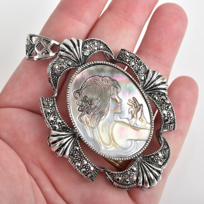 1 Large Cameo Pendant with Young Girl in Mother of Pearl Pendant, 3.25" long, chs1992