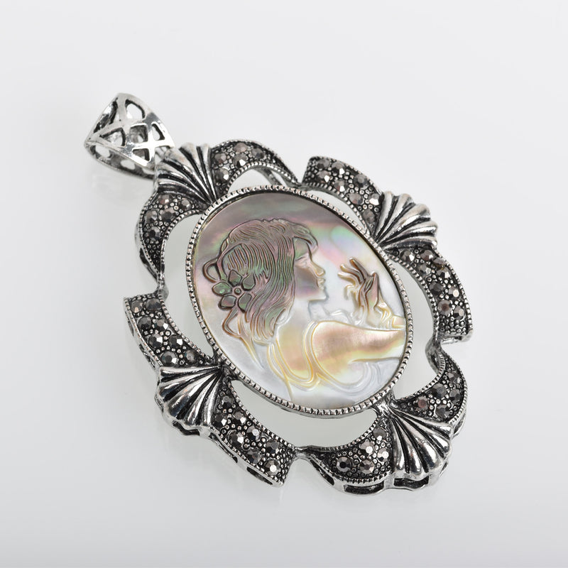 1 Large Cameo Pendant with Young Girl in Mother of Pearl Pendant, 3.25" long, chs1992