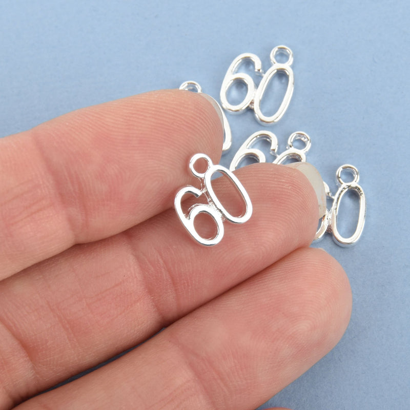 6 Number 60 Charms, Silver Plated Pendants, number SIXTY, chs1994