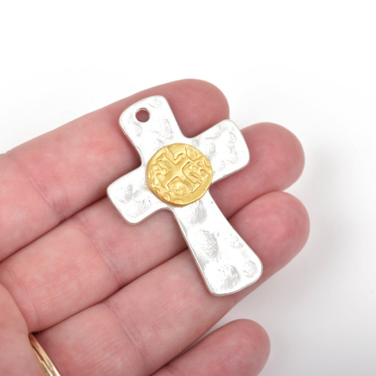 2 Hammered Matte Silver Cross Pendant Charms gold medallion mixed metal cross 1-3/4" long chs2652