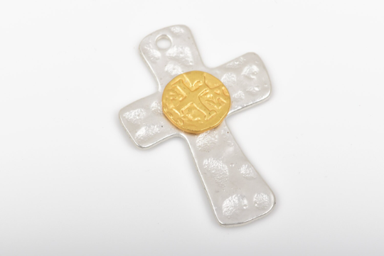 2 Hammered Matte Silver Cross Pendant Charms gold medallion mixed metal cross 1-3/4" long chs2652