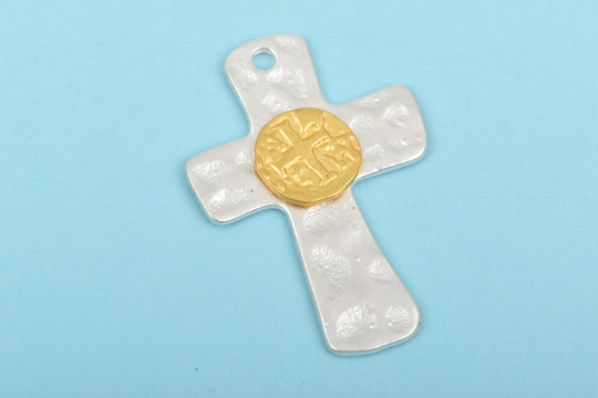 2 Hammered Matte Silver Cross Pendant Charms gold medallion mixed metal cross 1-3/4" long chs2652