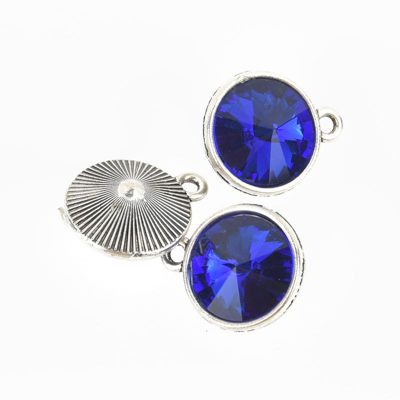 2 Dark Sapphire Cobalt Blue Rivoli Charms, Crystal Glass in Silver Bezel, 21x17mm, chs2696