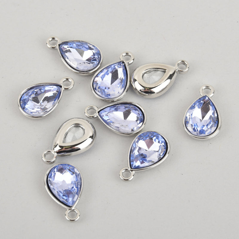 10 LIGHT BLUE Aquamarine Rhinestone Teardrop Drop Charms, Crystal Glass in Silver Tone Bezel, March Birthstone, 19x12mm, chs2788