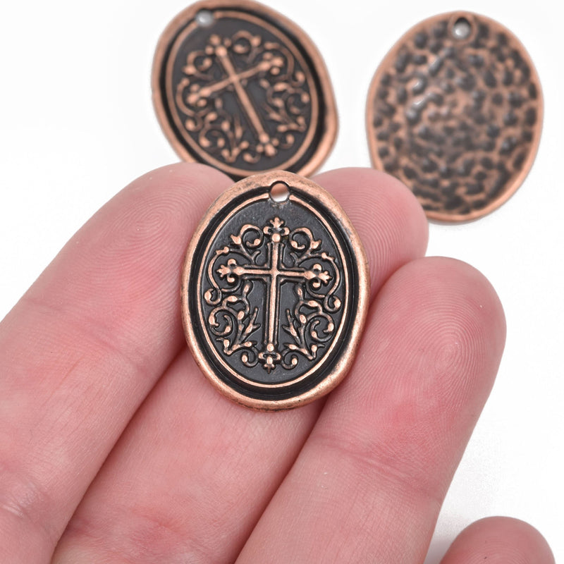 5 Copper Cross Relic Charm Pendants, wax seal style, oval coin charms, Copper plated metal, double sided design, 27x21mm, chs2863
