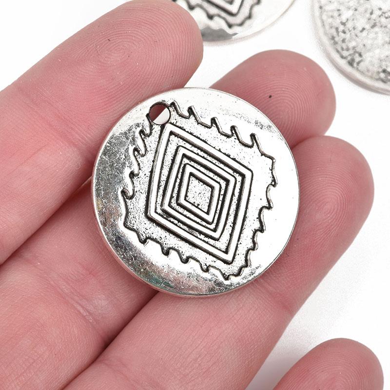 5 Southwest Charms, Silver Diamond Pattern Charms, Southwest Style Pendant Charms, 30mm, chs2867