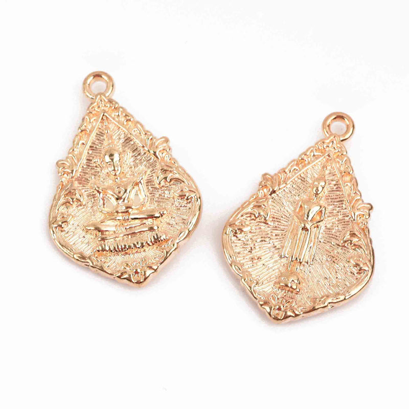 5 THAI BUDDHA charm pendants, light gold metal, religious icon relic charm, double sided, 31x21mm, chs2900