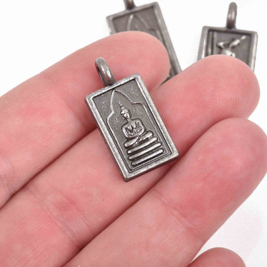 4 THAI BUDDHA charm pendants, gunmetal rectangle religious icon relic charm 26mm chs2904