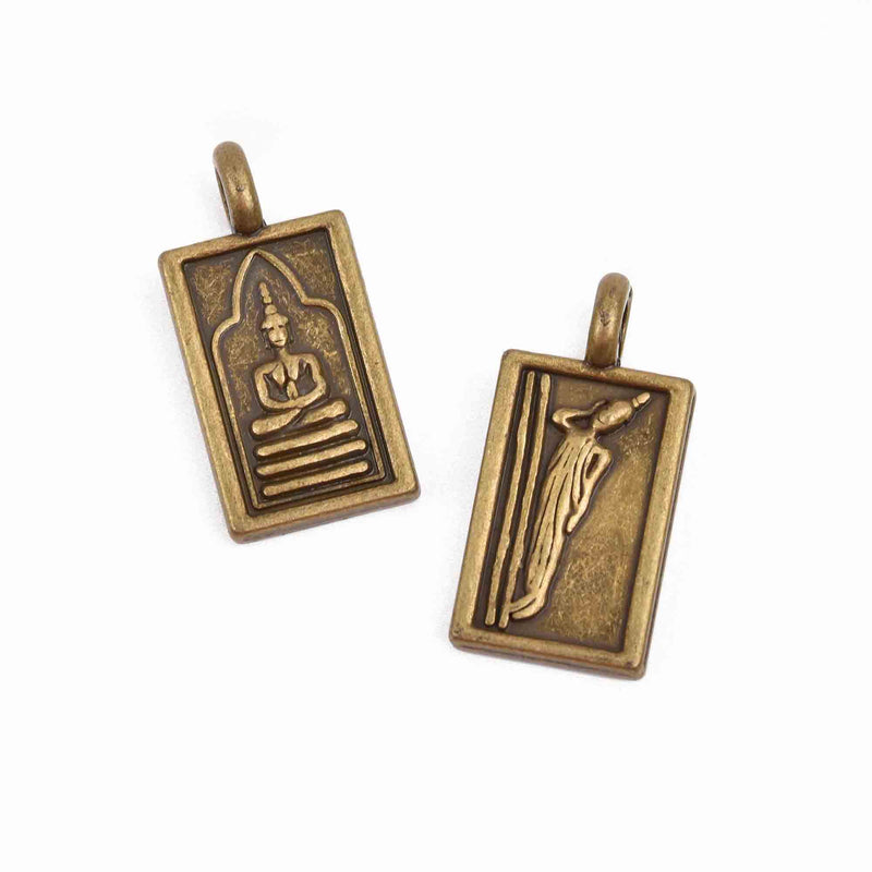 4 THAI BUDDHA charm pendants, bronze metal, rectangle religious icon relic charm, double sided, 26x13mm, chs2908