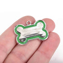 5 Green DOG BONE Charms, Stamping Blanks, Silver and Green Tag Charm, Pendant 31mm x 23mm, chs3032