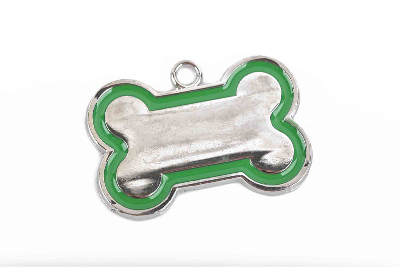 5 Green DOG BONE Charms, Stamping Blanks, Silver and Green Tag Charm, Pendant 31mm x 23mm, chs3032
