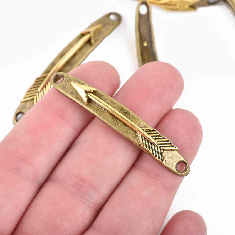 5 ARROW Bracelet Connector Links, bronze base with gold arrow, curved bracelet charms, 54x8mm, chs3035
