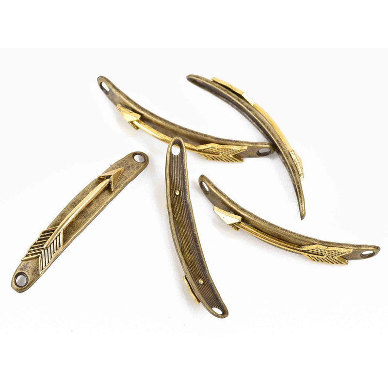5 ARROW Bracelet Connector Links, bronze base with gold arrow, curved bracelet charms, 54x8mm, chs3035