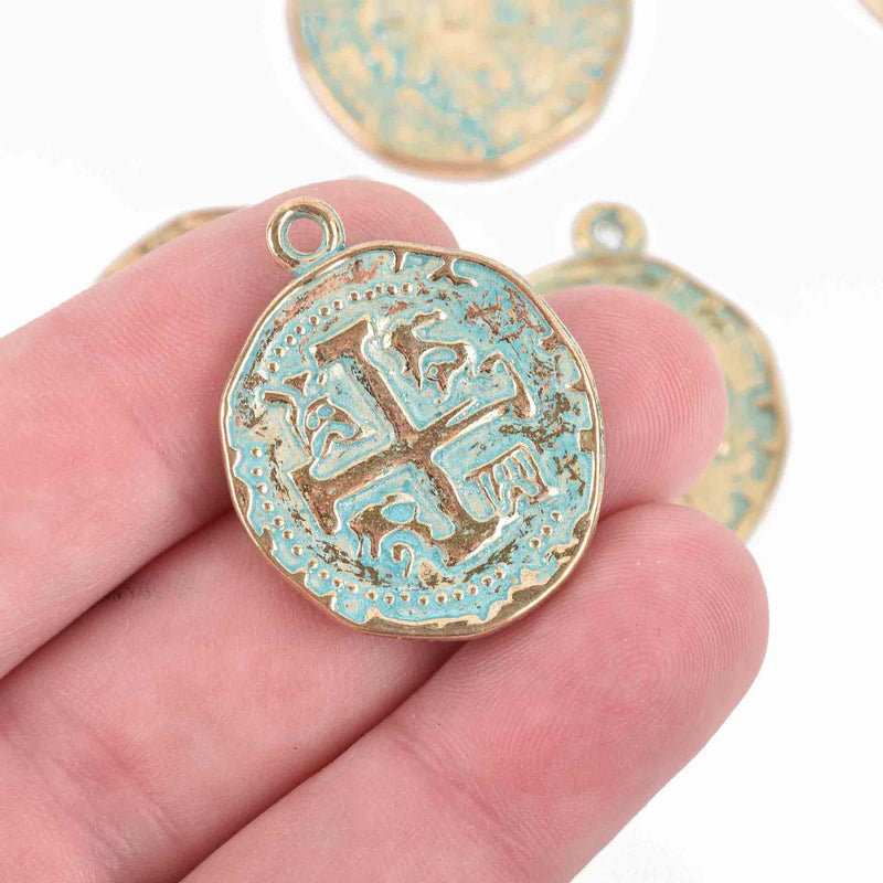 5 Gold Coin Relic Charm Pendants, round coin charms, green verdigris patina gold plated metal, double sided design, 30x25mm, chs3036