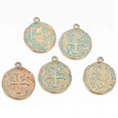 5 Gold Coin Relic Charm Pendants, round coin charms, green verdigris patina gold plated metal, double sided design, 30x25mm, chs3036