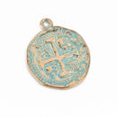 5 Gold Coin Relic Charm Pendants, round coin charms, green verdigris patina gold plated metal, double sided design, 30x25mm, chs3036