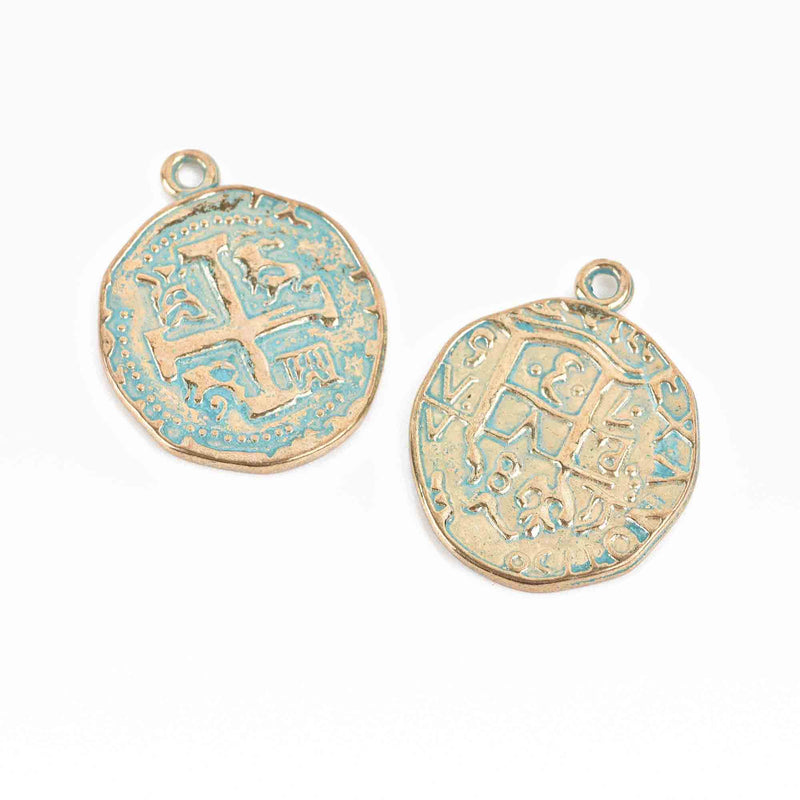 5 Gold Coin Relic Charm Pendants, round coin charms, green verdigris patina gold plated metal, double sided design, 30x25mm, chs3036