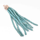 Crystal Bead Tassel Charm Pendant, TURQUOISE Blue Green crystals with ROSE Gold Crown cap, about 3" long, chs3042