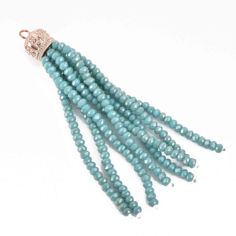Crystal Bead Tassel Charm Pendant, TURQUOISE Blue Green crystals with ROSE Gold Crown cap, about 3" long, chs3042