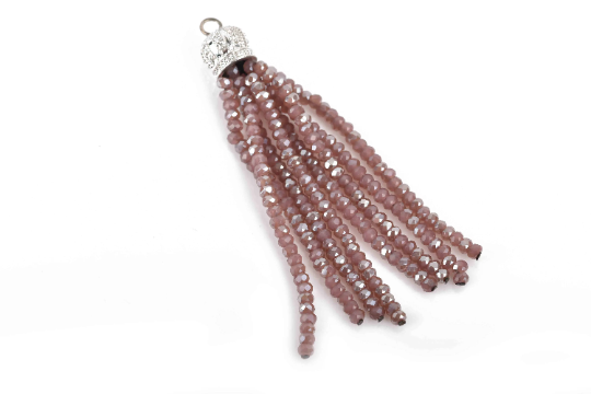 Crystal Bead Tassel Charm Pendant PLUM crystals with SILVER Crown cap about 3" long, chs3043