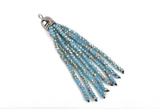 Crystal Bead Tassel Charm Pendant, BLUE and Tan AB crystals with GUNMETAL cap, about 3" long, chs3045