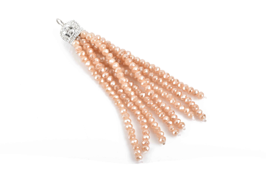 Crystal Bead Tassel Charm Pendant, PEACHES & CREAM crystals with SILVER Crown cap, about 3" long, chs3046