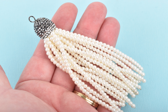 IVORY PEARL Bead Tassel Pendant, Tassel Necklace Enhancer, Glass Pearls with GUNMETAL Pave' Rhinestone Clasp, about 4.25" long, chs3075