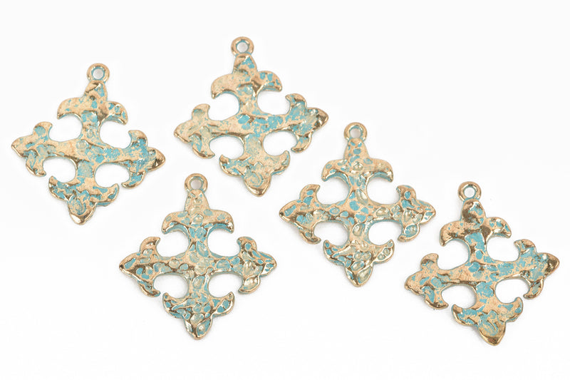 5 Light Gold Cross Fleury Relic Charms, Green Verdigris Patina, Fleur de Lis Cross, Hammered Plated Metal, double sided, 30x28mm, chs3086