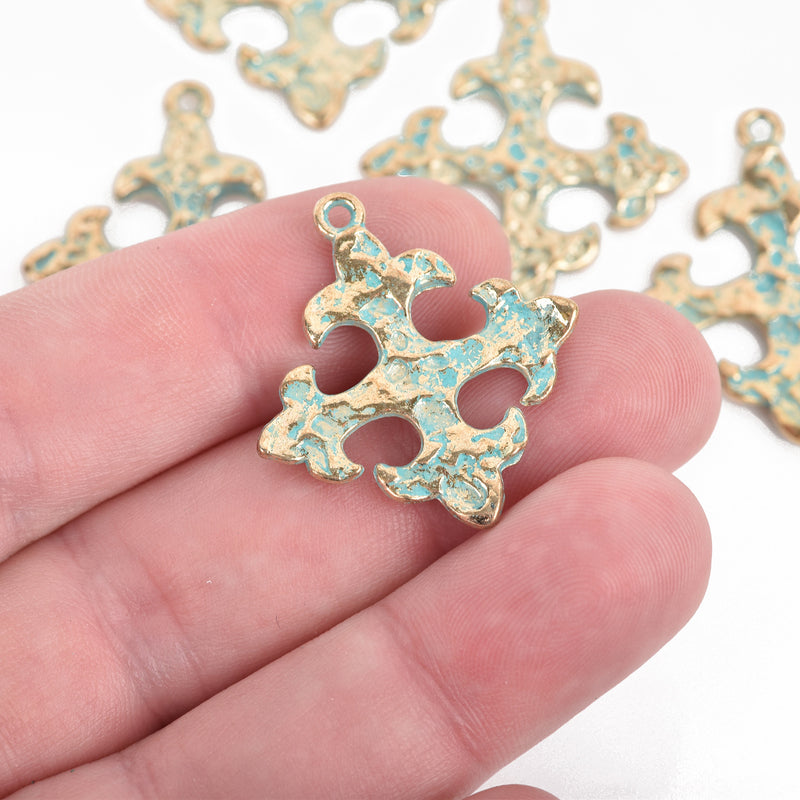 5 Light Gold Cross Fleury Relic Charms, Green Verdigris Patina, Fleur de Lis Cross, Hammered Plated Metal, double sided, 30x28mm, chs3086