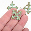 5 Bronze Cross Fleury Relic Charms, Green Verdigris Patina, Fleur de Lis Cross, Hammered Plated Metal, double sided, 30x28mm, chs3087