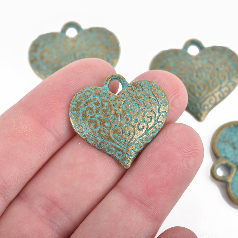 10 Bronze Heart Charms, Green Verdigris Patina, filigree heart design, 27x26mm, chs3088