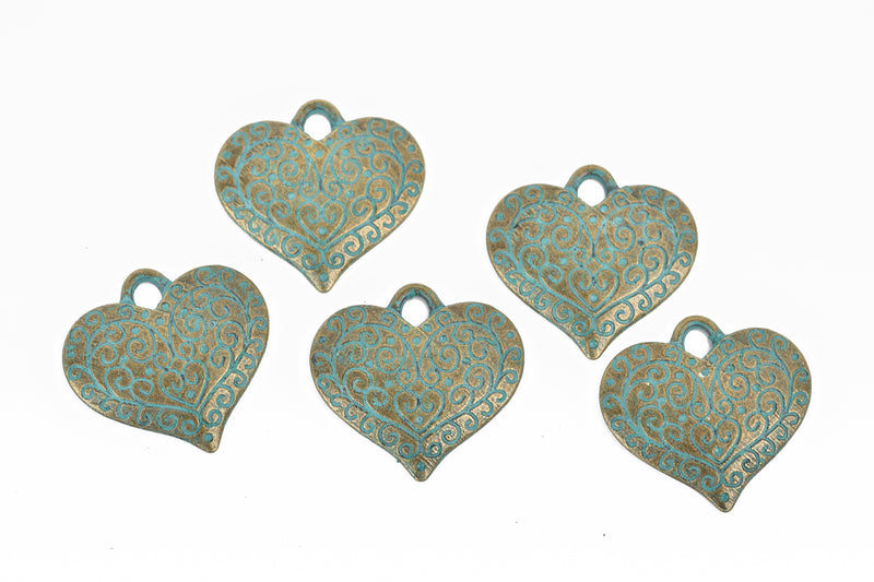 10 Bronze Heart Charms, Green Verdigris Patina, filigree heart design, 27x26mm, chs3088