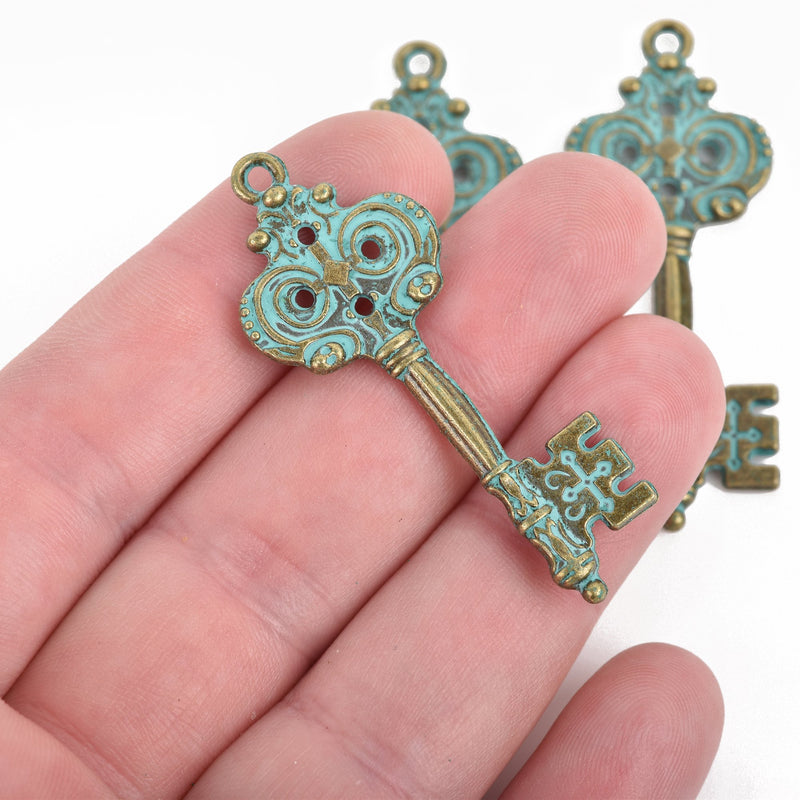 5 Bronze Key Charms, Green Verdigris Patina, Relic Key Charms, 2" long, chs3092