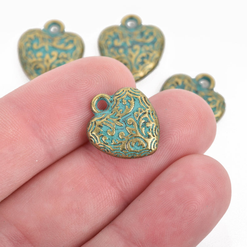 10 Bronze Heart Charms, Green Verdigris Patina 17x15mm, chs3093