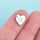4 Small Silver PAW PRINT HEART Charm Pendants for Dog, Cat, Wolf, Bear, 11x10mm, chs3094