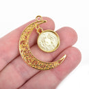 5 Gold Crescent Moon Charms, Gold Plated Dangle Charm with bezel tray fits 14mm round cabochons, 1-5/8" long, chs3108