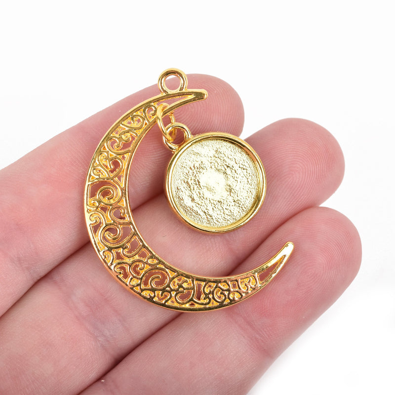 5 Gold Crescent Moon Charms, Gold Plated Dangle Charm with bezel tray fits 14mm round cabochons, 1-5/8" long, chs3108