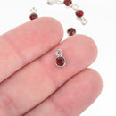 30 Rhinestone Channel Set Charm Drops, GARNET RED, silver metal 9x6mm, chs3125