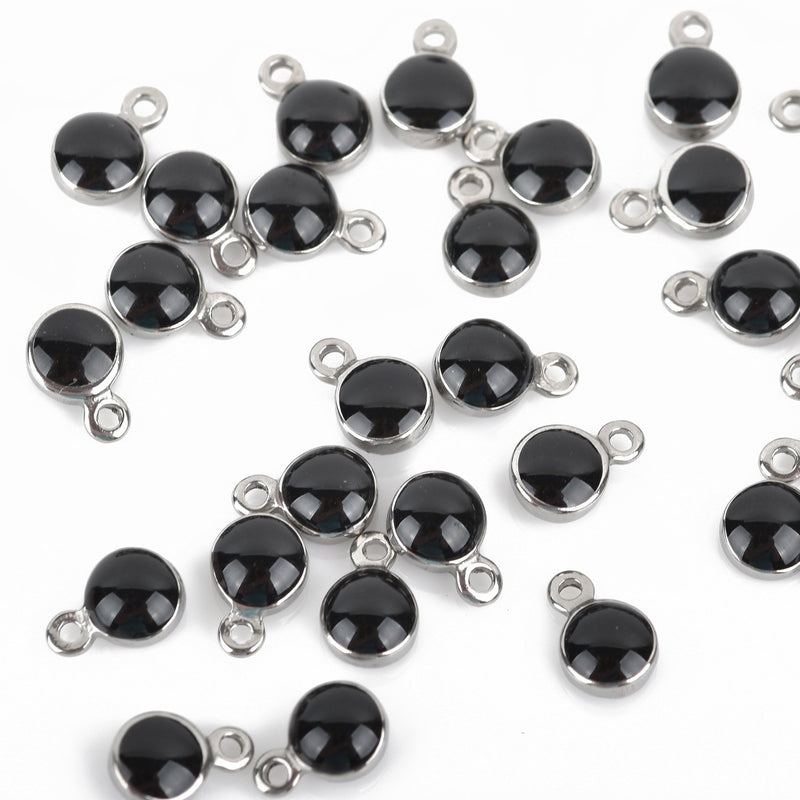 10 BLACK Drop Charms, 5mm Stainless Steel Bezel and Enamel Dot Charms chs3140