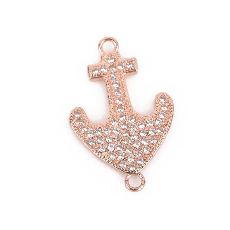 Rose Gold ANCHOR Charm, Micro Pave Cubic Zirconia Crystals, Rhinestone 2-hole Connector Link, Rose Gold Brass Metal, 24x15mm, chs3145