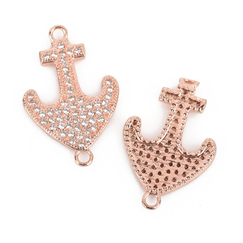 Rose Gold ANCHOR Charm, Micro Pave Cubic Zirconia Crystals, Rhinestone 2-hole Connector Link, Rose Gold Brass Metal, 24x15mm, chs3145