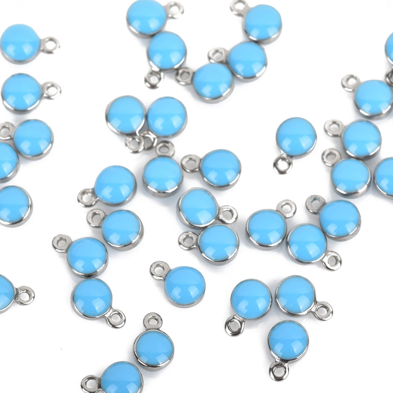10 TURQUOISE BLUE Drop Charms, 5mm Stainless Steel Bezel and Enamel Dot Charms chs3153