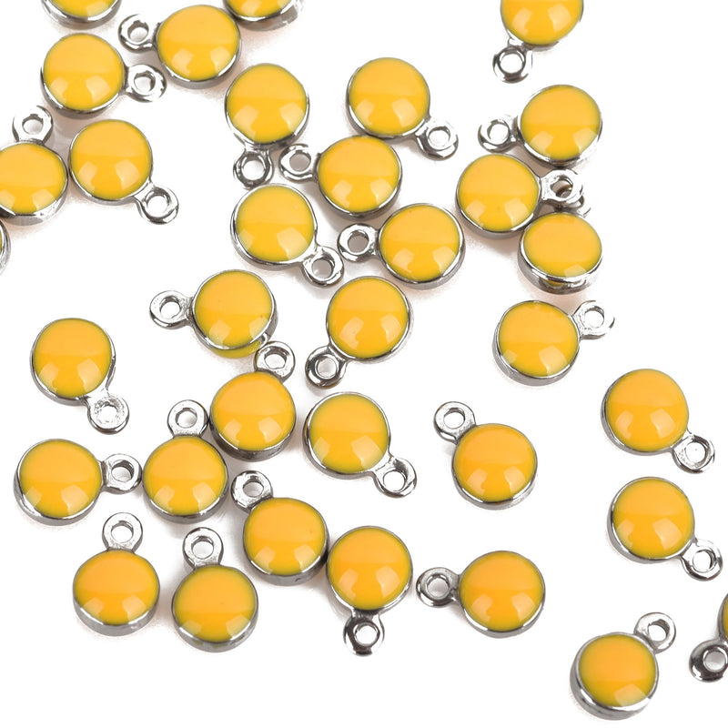 10 YELLOW Drop Charms, 5mm Stainless Steel Bezel and Enamel Dot Charms chs3156