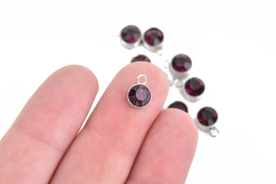10 AMETHYST PURPLE Drop Charms, 6mm Stainless Steel and Rhinestone Crystal Dot Charms, chs3169