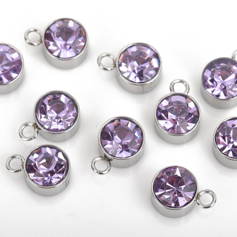 10 LAVENDER PURPLE Drop Charms, 6mm Stainless Steel and Rhinestone Crystal Dot Charms, chs3170