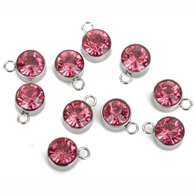 10 PINK Drop Charms, 6mm Stainless Steel and Rhinestone Crystal Dot Charms, chs3171