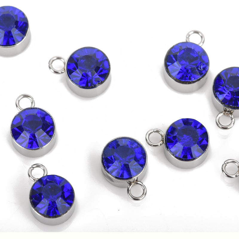 10 COBALT BLUE Drop Charms, 6mm Stainless Steel and Rhinestone Crystal Dot Charms, chs3173