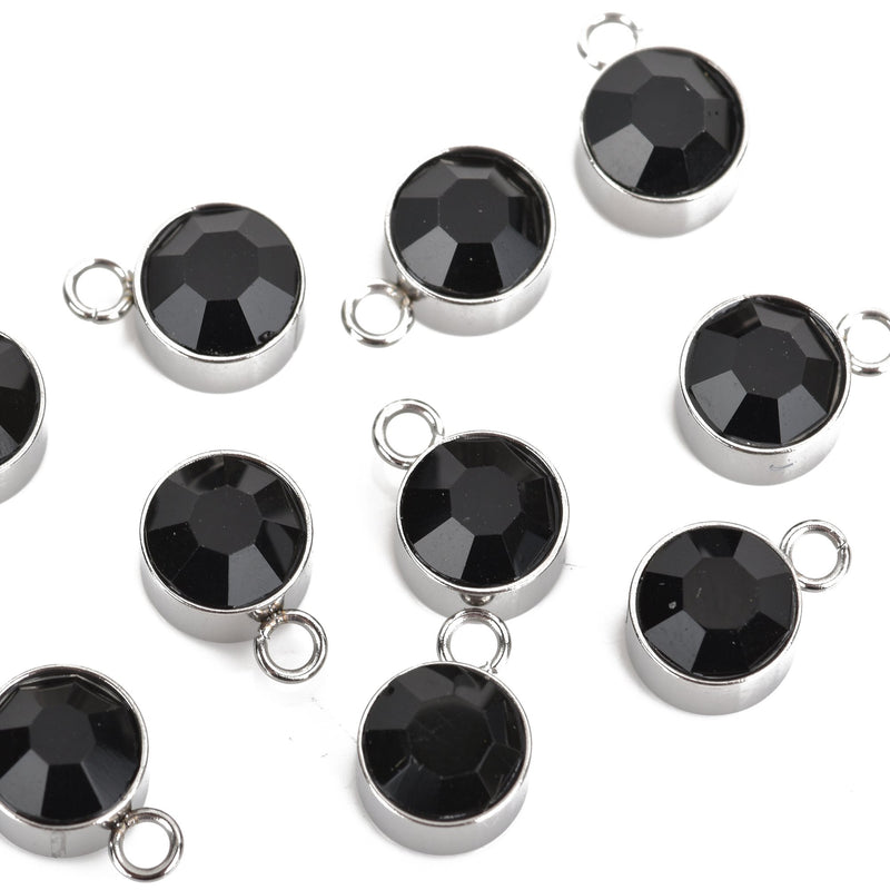 10 JET BLACK Drop Charms 6mm Stainless Steel and Rhinestone Crystal Dot Charms chs3176